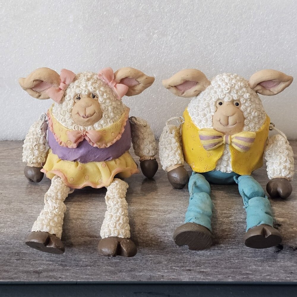 Vtg Anthropomorphic Sheep Girl Boy Shelf Sitters Figurines 2004 WMG Spring Decor